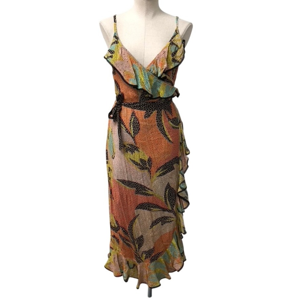Bhanuni by Jyoti Wrap Maxi Dress Womens 2 Orange Floral Animal Print Lace Beachy